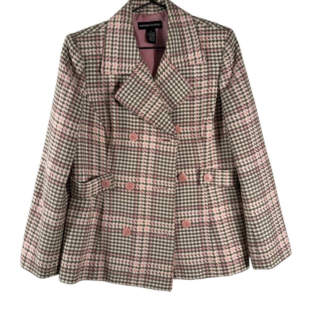 Vintage Norton McNaughton Plaid Houndstooth Double Breasted Blazer Pink Brown 8